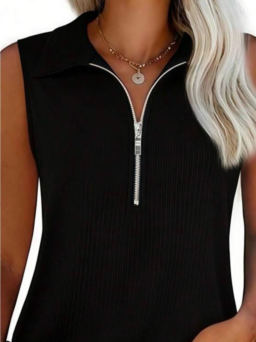 Sleeveless Black Ribbed Zip Polo Top
